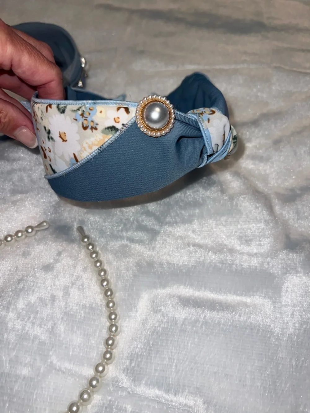 Blue Fabric Knot Pearl Headbands Set
